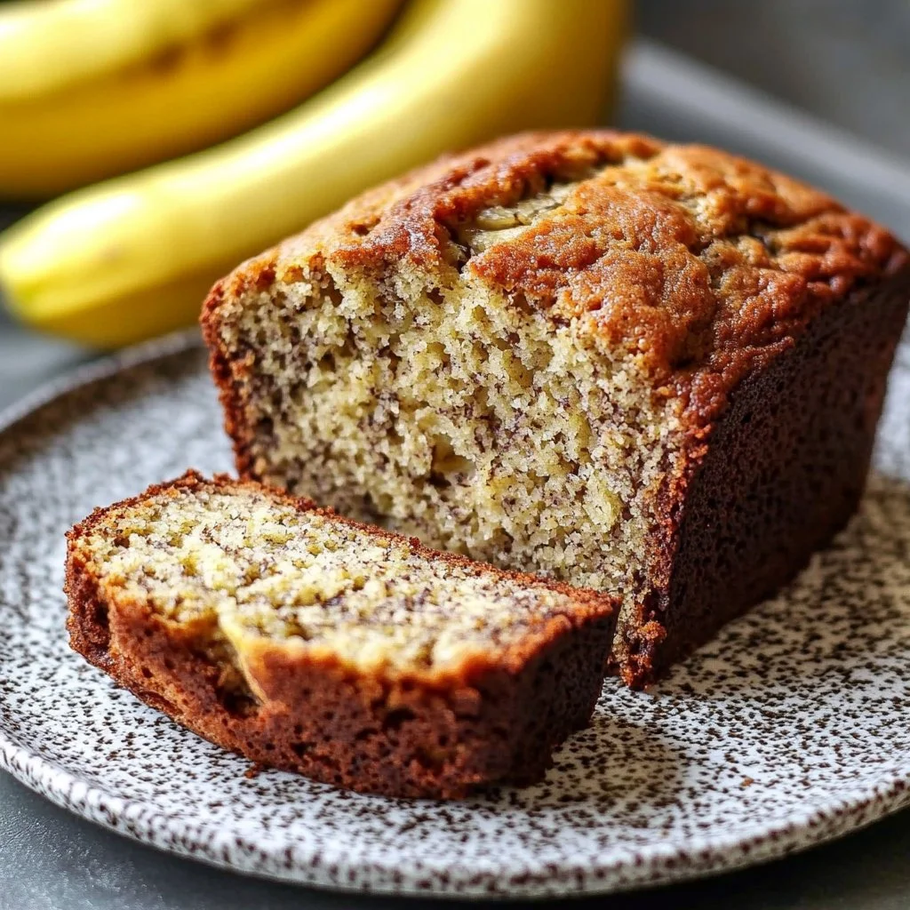 Moist banana bread freshly baked and sliced on a wooden table