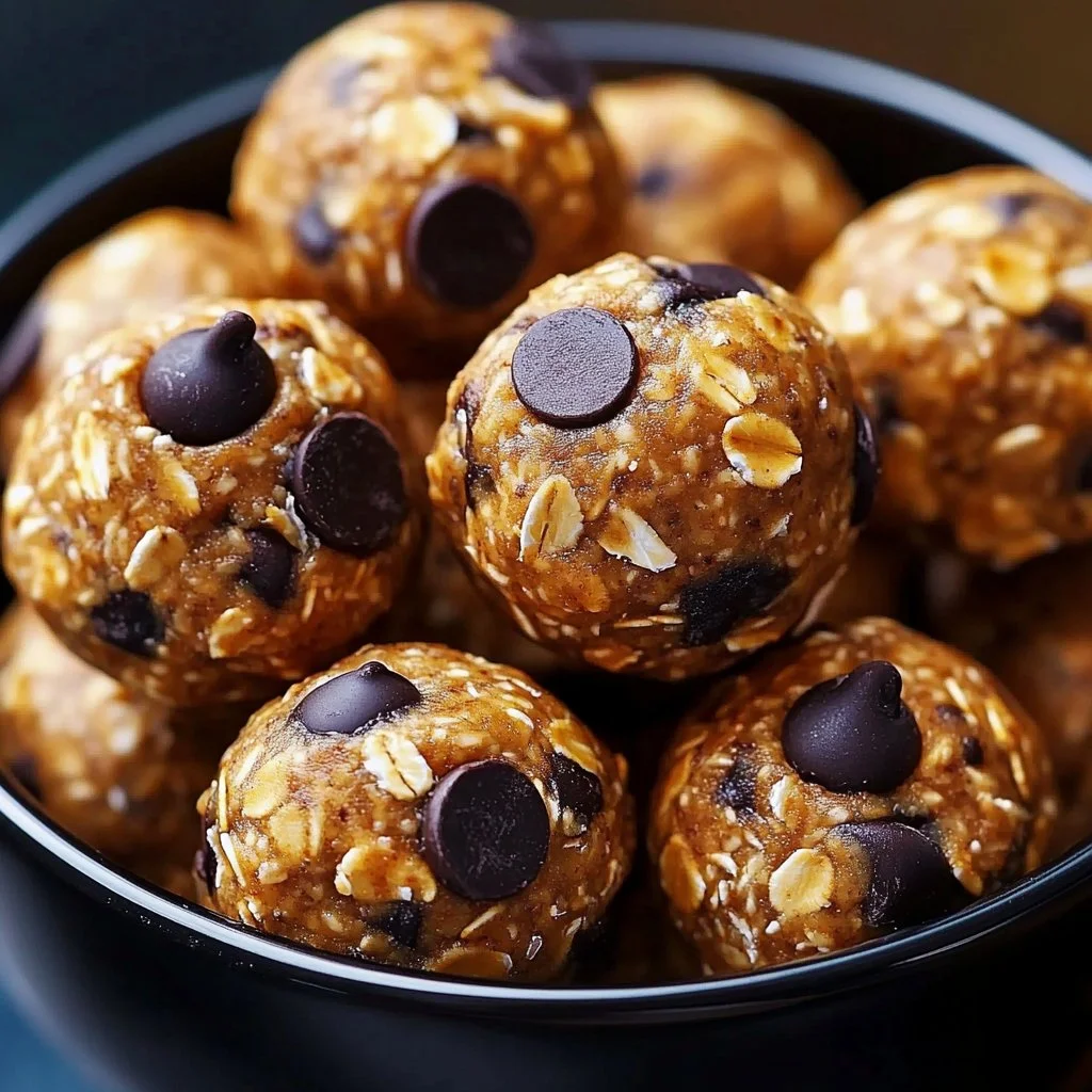 Homemade no-bake protein balls stacked on a wooden table.