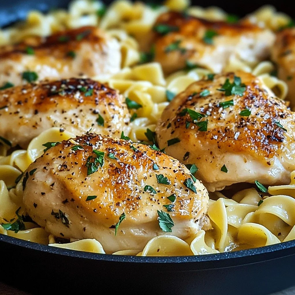 One-Pan Chicken with Buttered Noodles dish served in a beautiful bowl