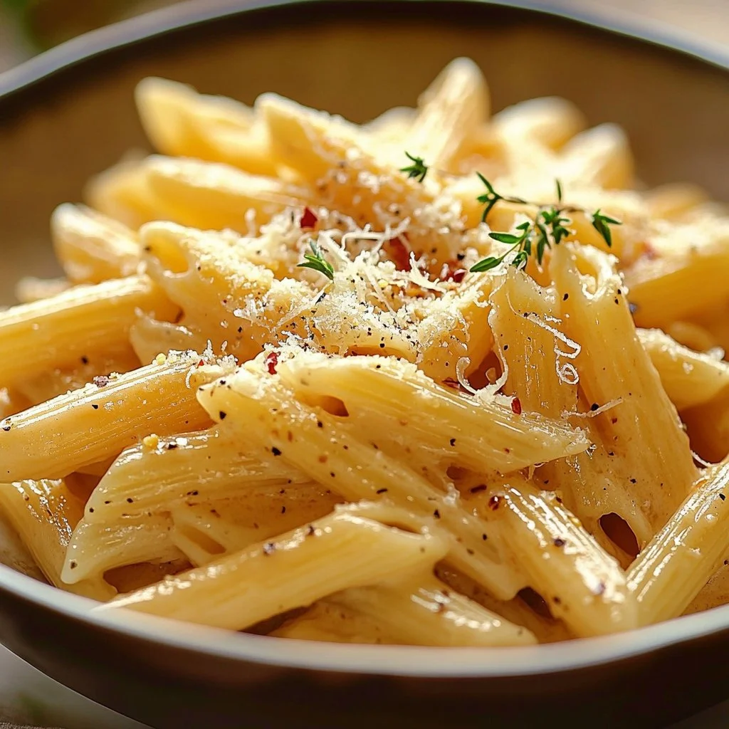 One pot creamy garlic pasta served in a bowl with parsley garnish.
