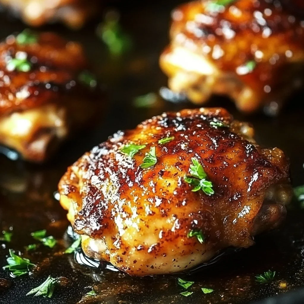 Delicious oven baked boneless skinless chicken thighs on a plate