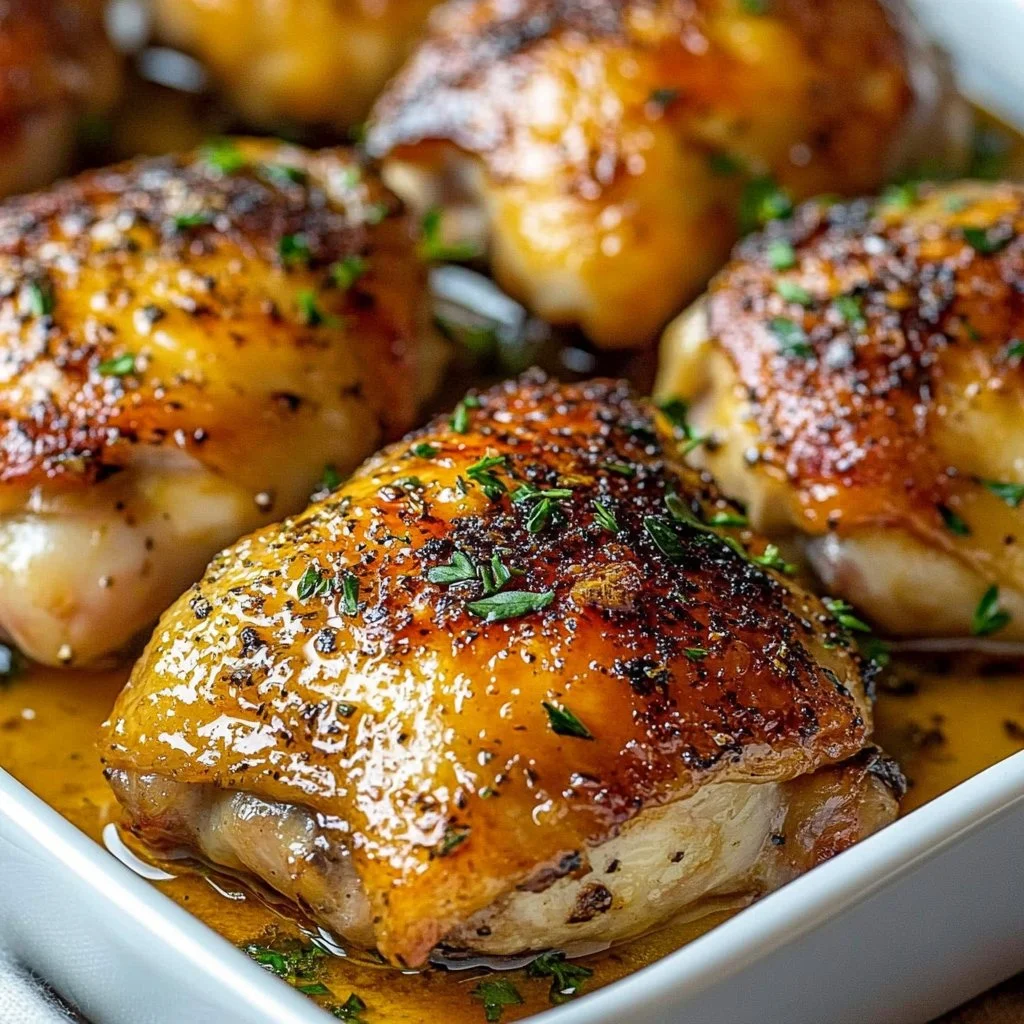 Delicious oven baked chicken thighs with crispy skin and herbs