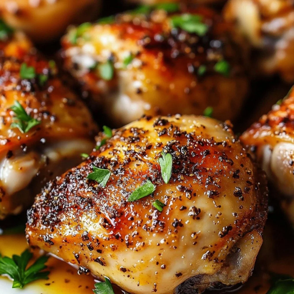 Oven baked chicken thighs served on a plate with herbs and spices