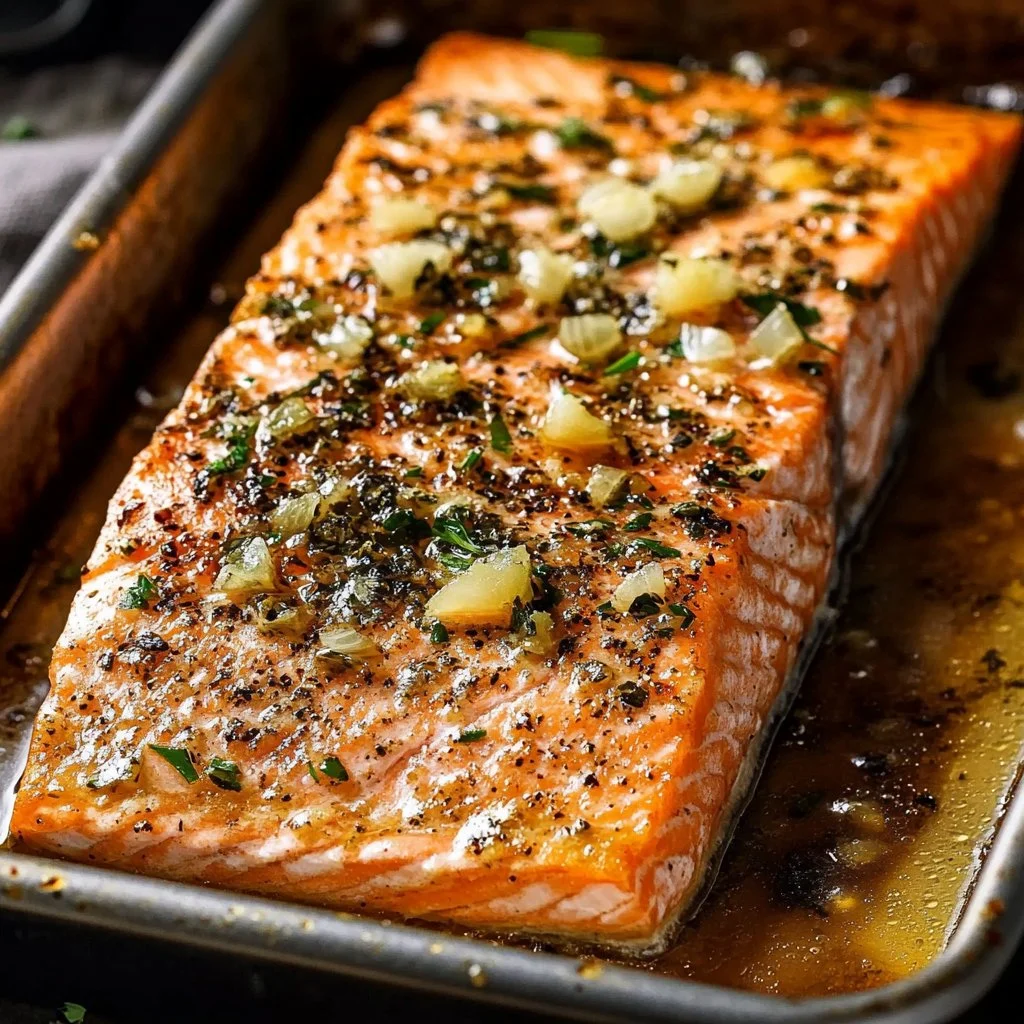 Oven baked salmon fillets garnished with herbs and lemon on a plate
