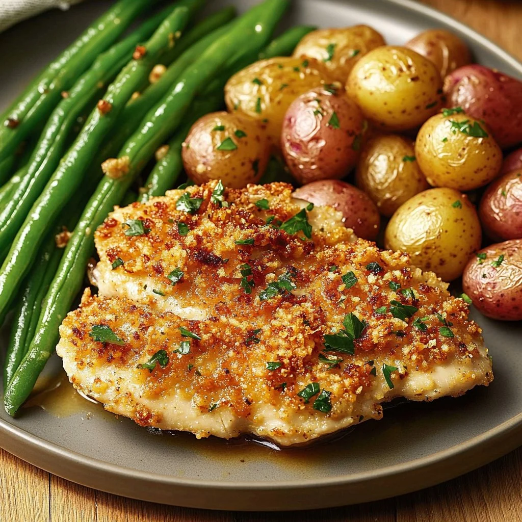 Delicious Parmesan Crusted Chicken served with herbs and veggies