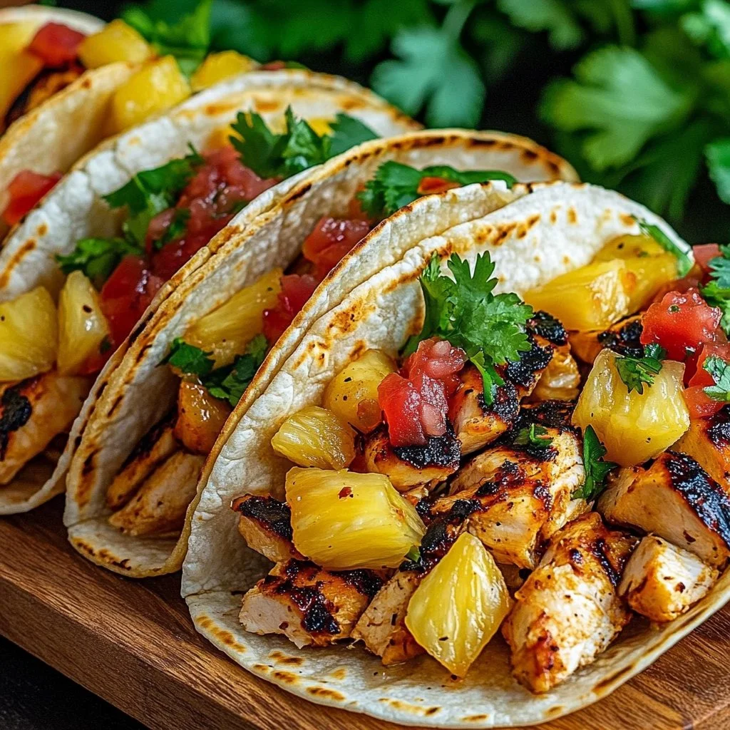 Delicious pineapple chicken tacos topped with fresh ingredients