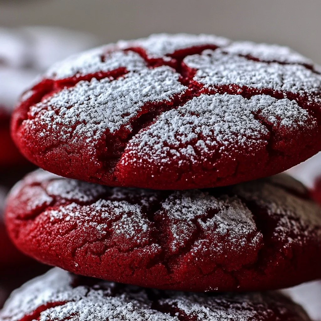 Fresh-baked Red Velvet Crinkle Cookies dusted with powdered sugar.