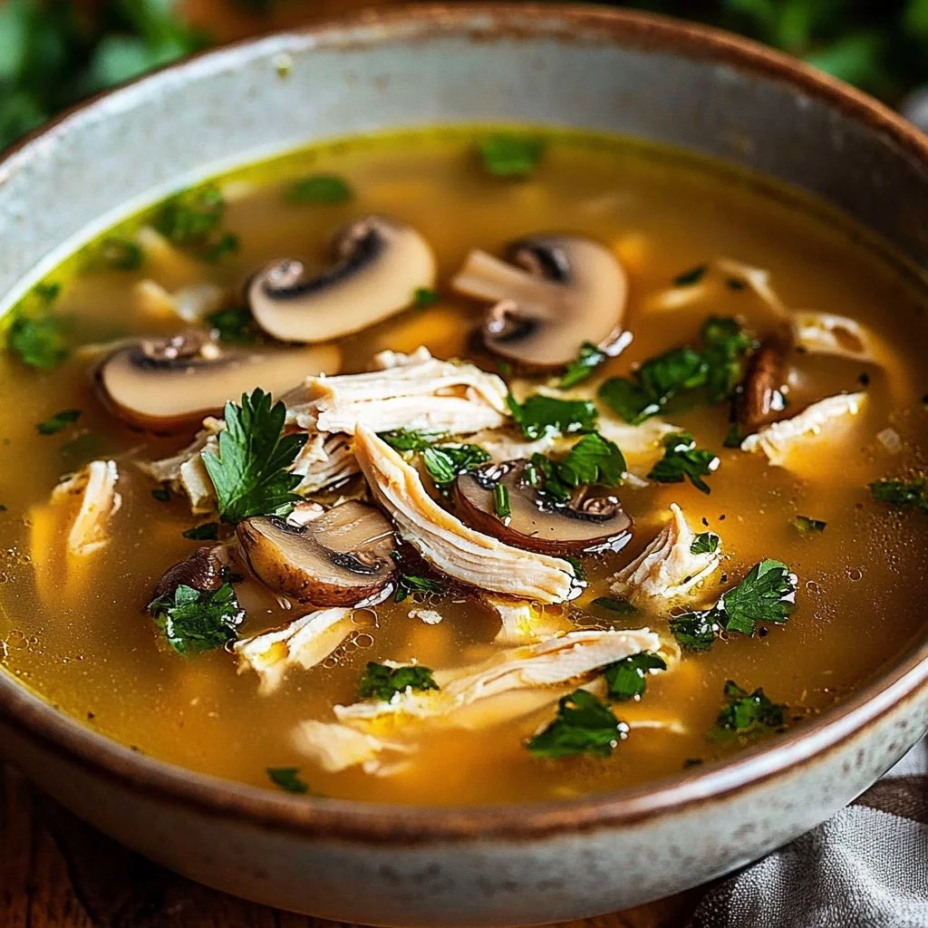 Delicious rotisserie chicken and mushroom soup in a bowl with herbs.