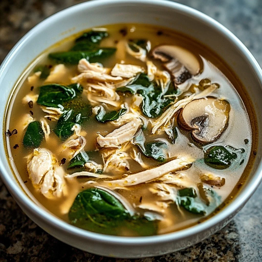 Bowl of creamy rotisserie chicken mushroom soup garnished with herbs.