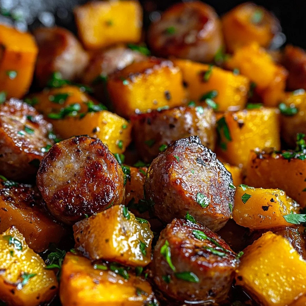 Sausage and sweet potatoes with honey garlic glaze, garnished for a flavorful dish.