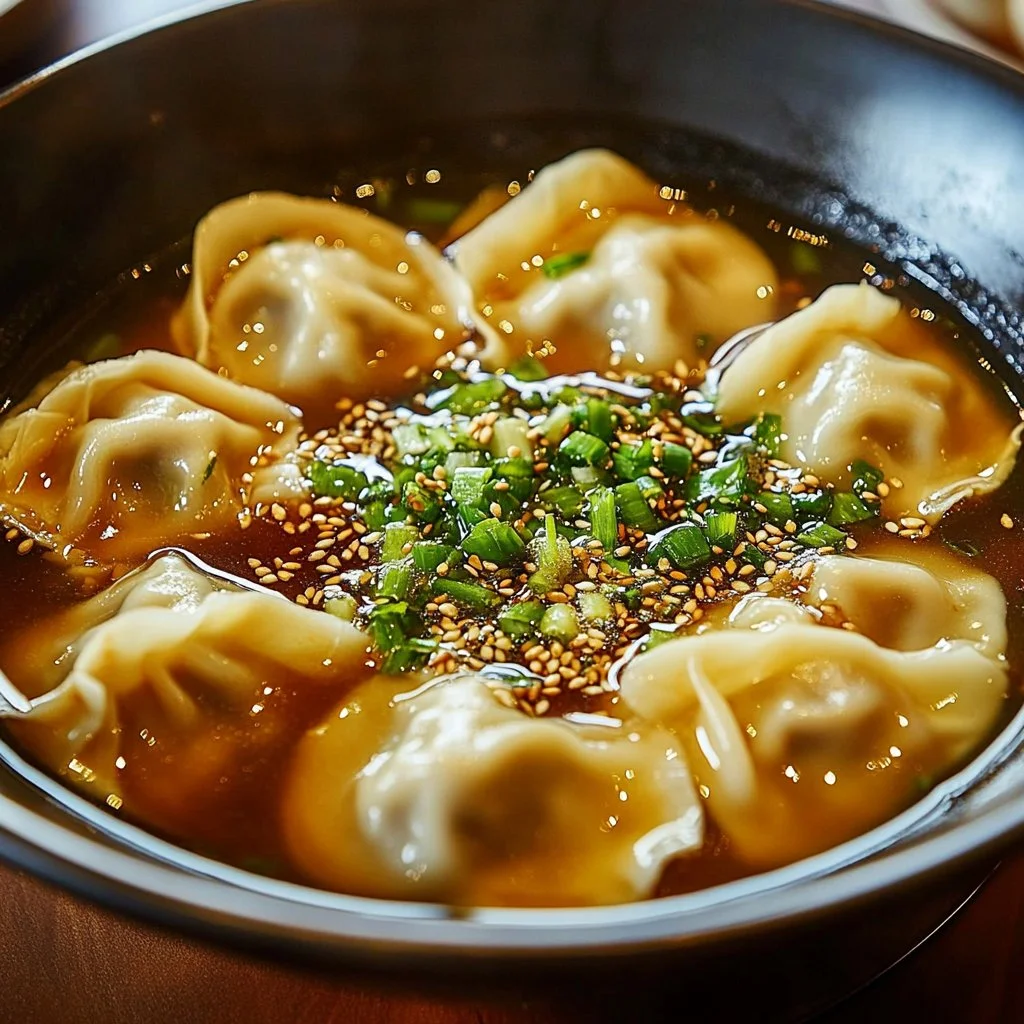 Bowl of savory potsticker soup topped with green onions and herbs.