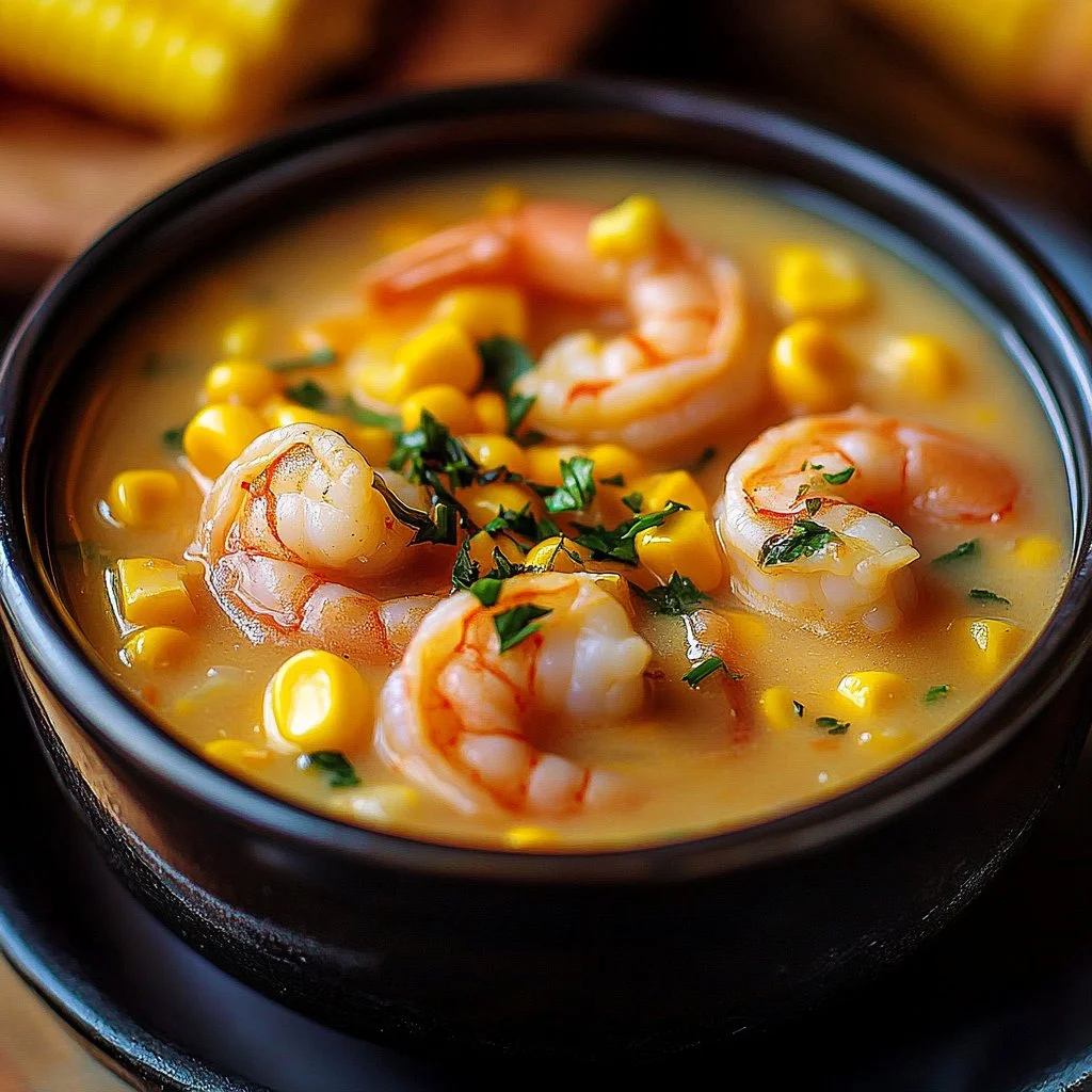Bowl of creamy shrimp and corn chowder garnished with herbs