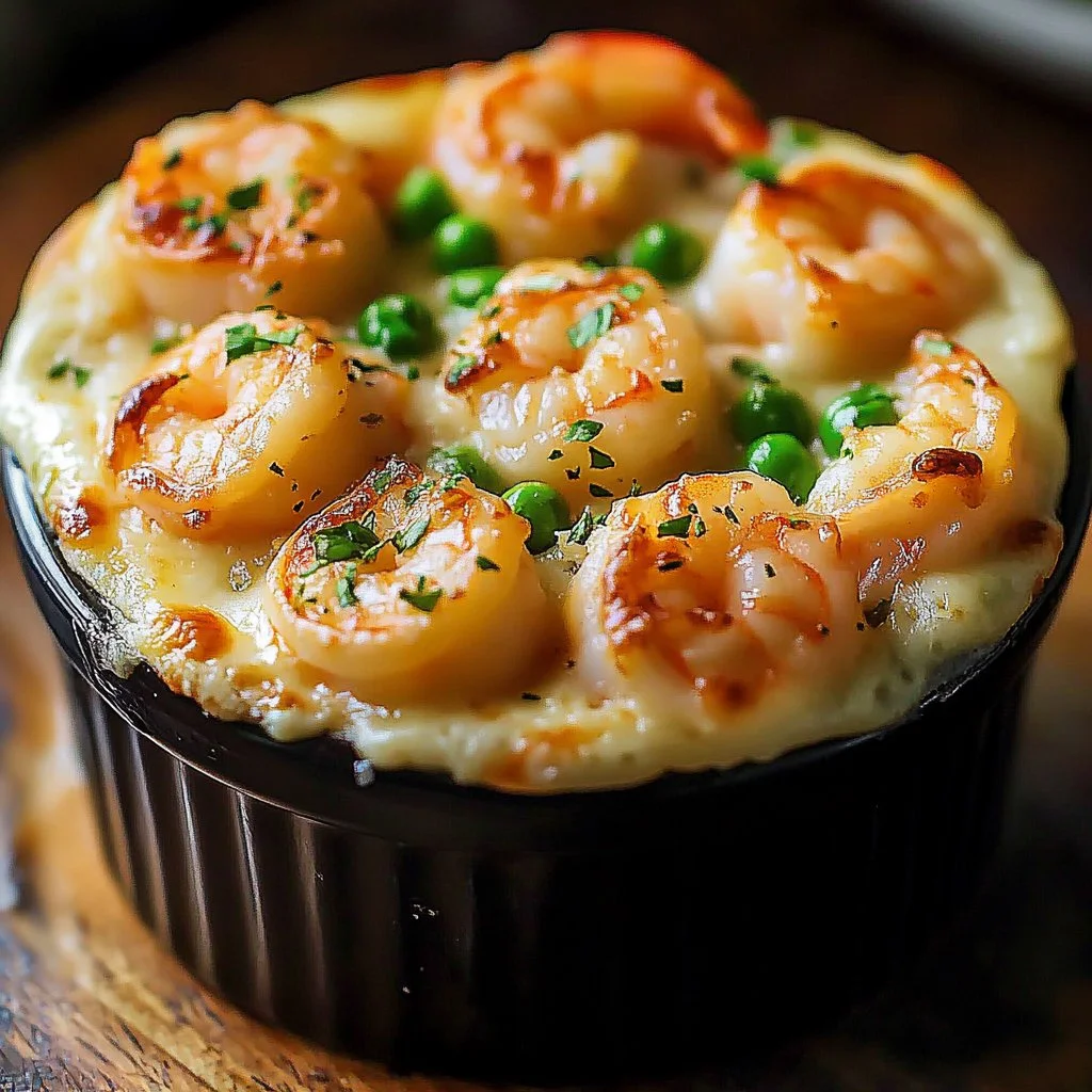 Shrimp and Lobster Cheddar Bay Biscuit Pot Pie served in a bowl