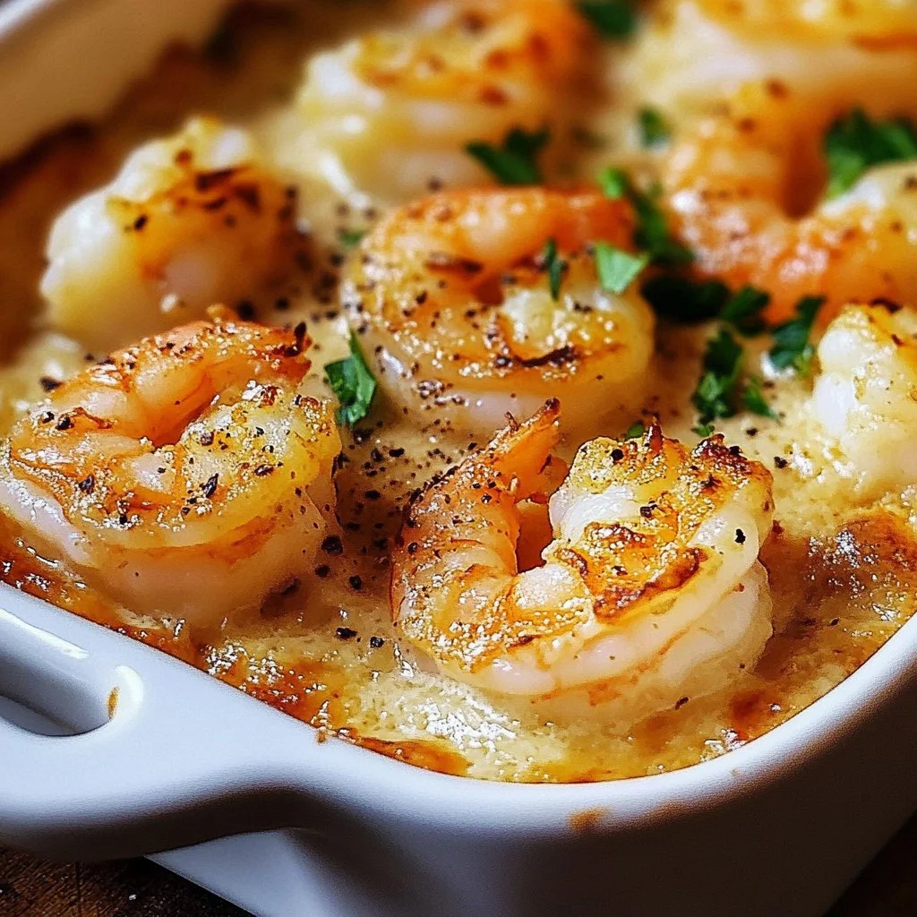 Delicious shrimp casserole dish with creamy sauce and crispy topping.