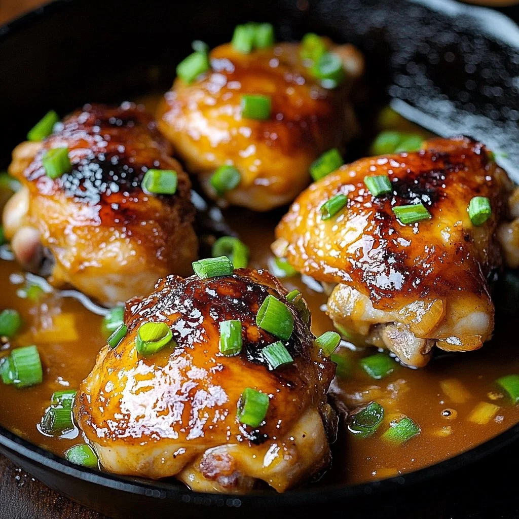 Skillet Bang Bang Chicken Thighs served in a skillet with garnishes