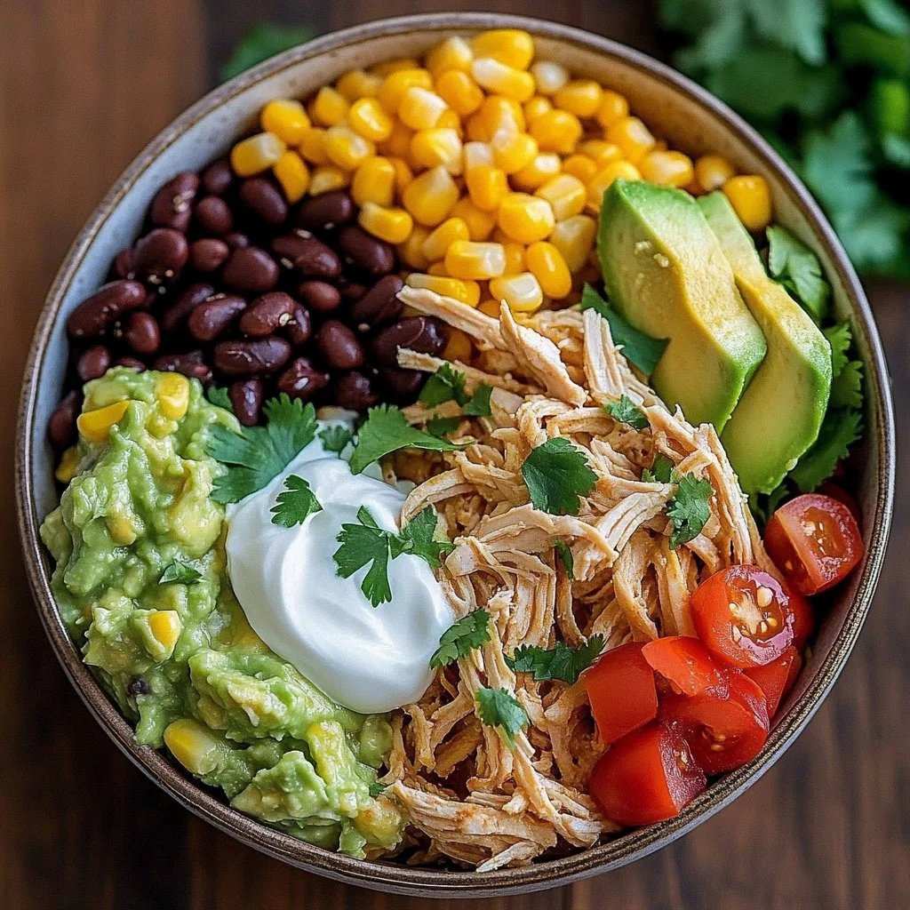 Delicious slow cooker chicken burrito bowl topped with fresh ingredients