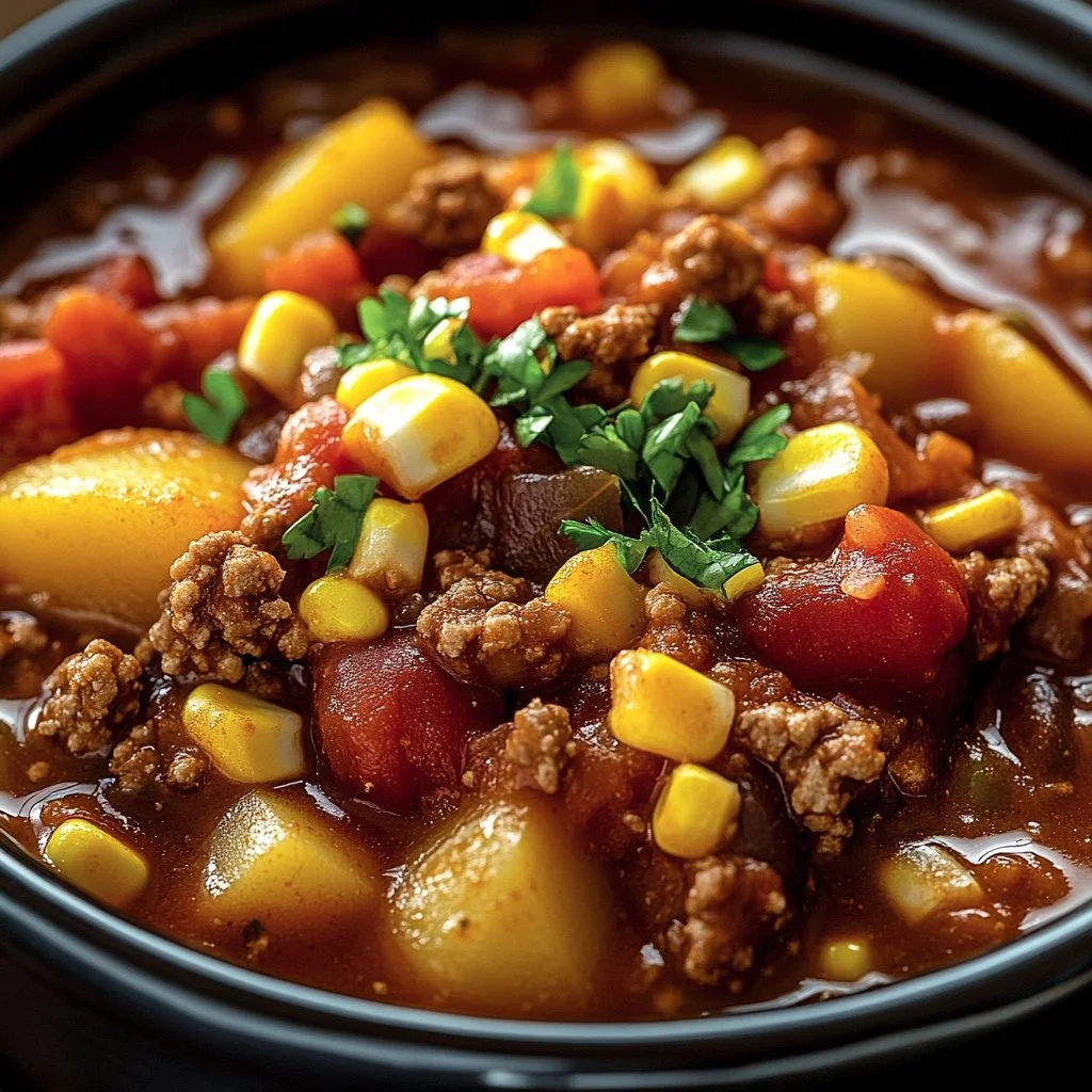 Bowl of Slow Cooker Cowboy Casserole with ground beef and corn