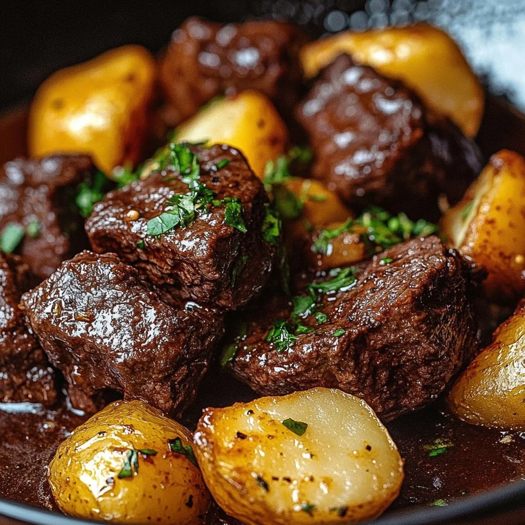 Slow Cooker Garlic Butter Beef with Potatoes served in a bowl