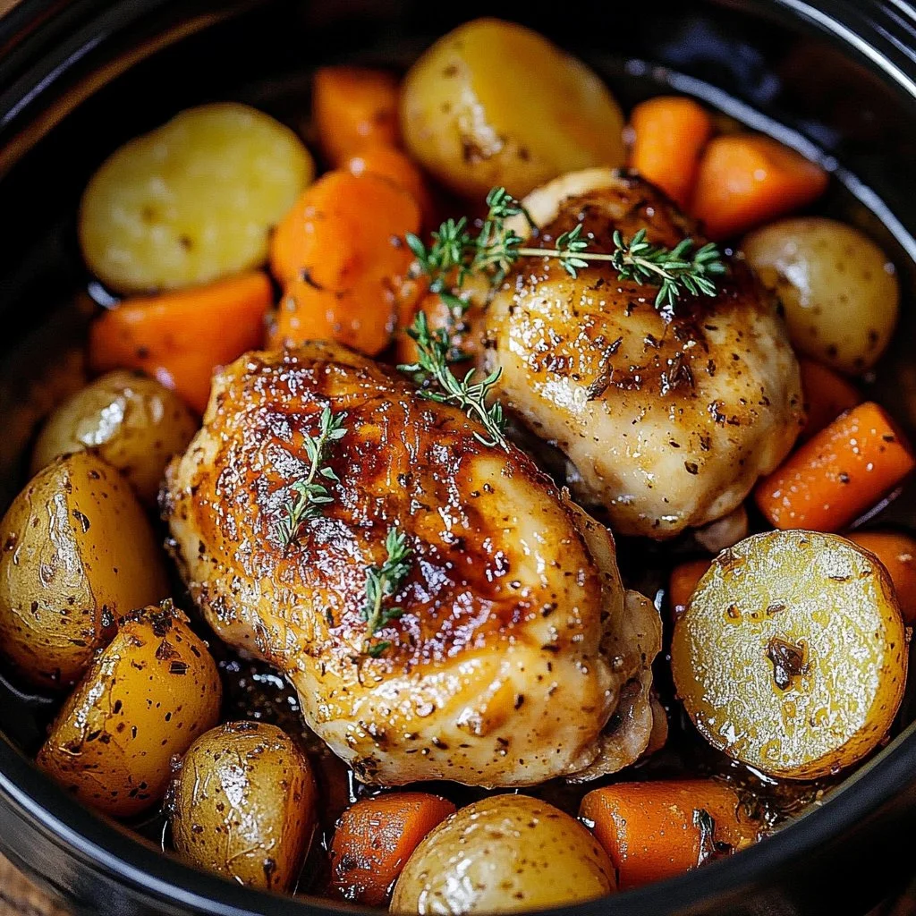 Delicious slow cooker garlic butter chicken with vegetables in a bowl