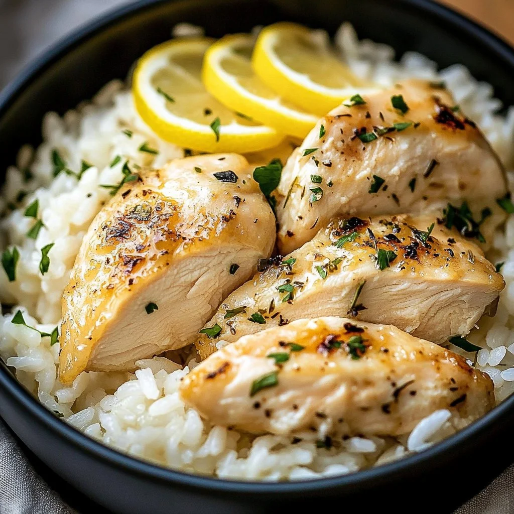 Delicious slow cooker lemon herb chicken served with rice