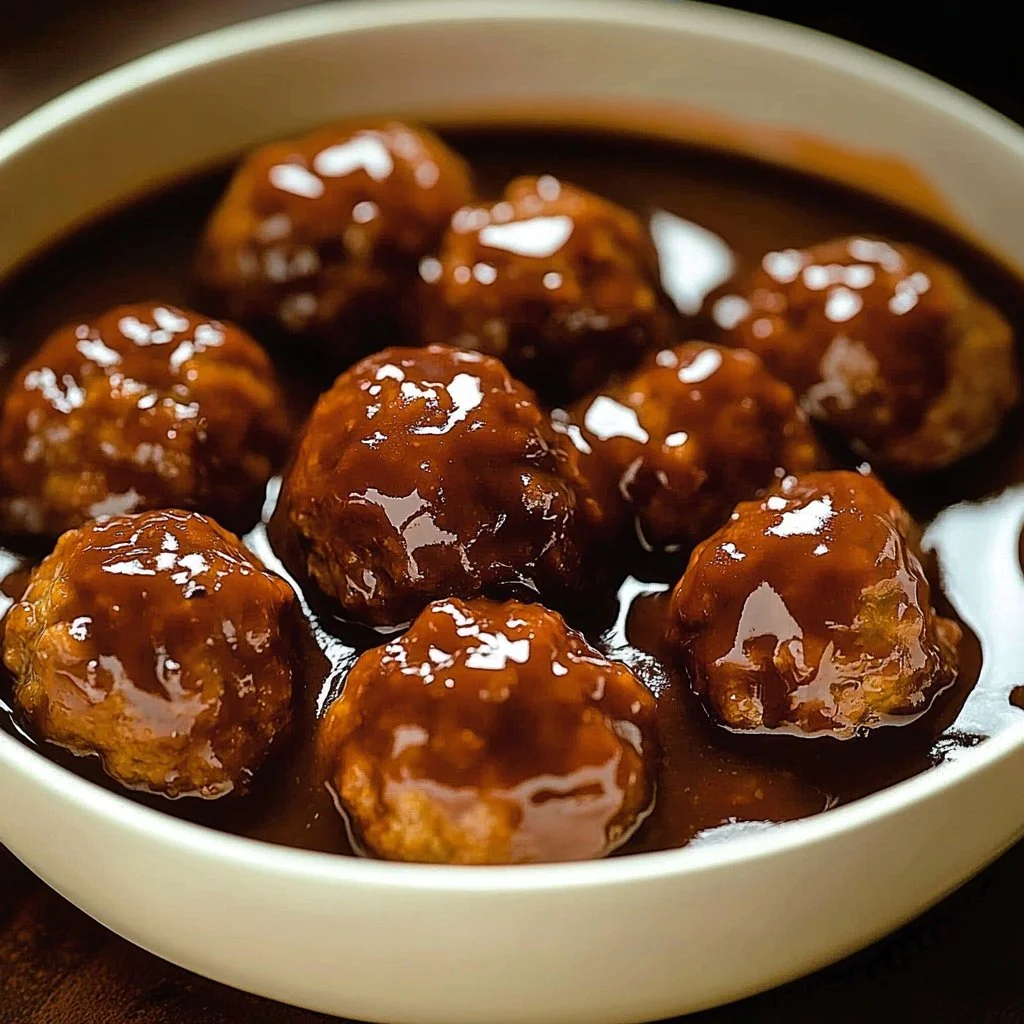 Delicious slow cooker meatballs served with rich gravy on a plate.