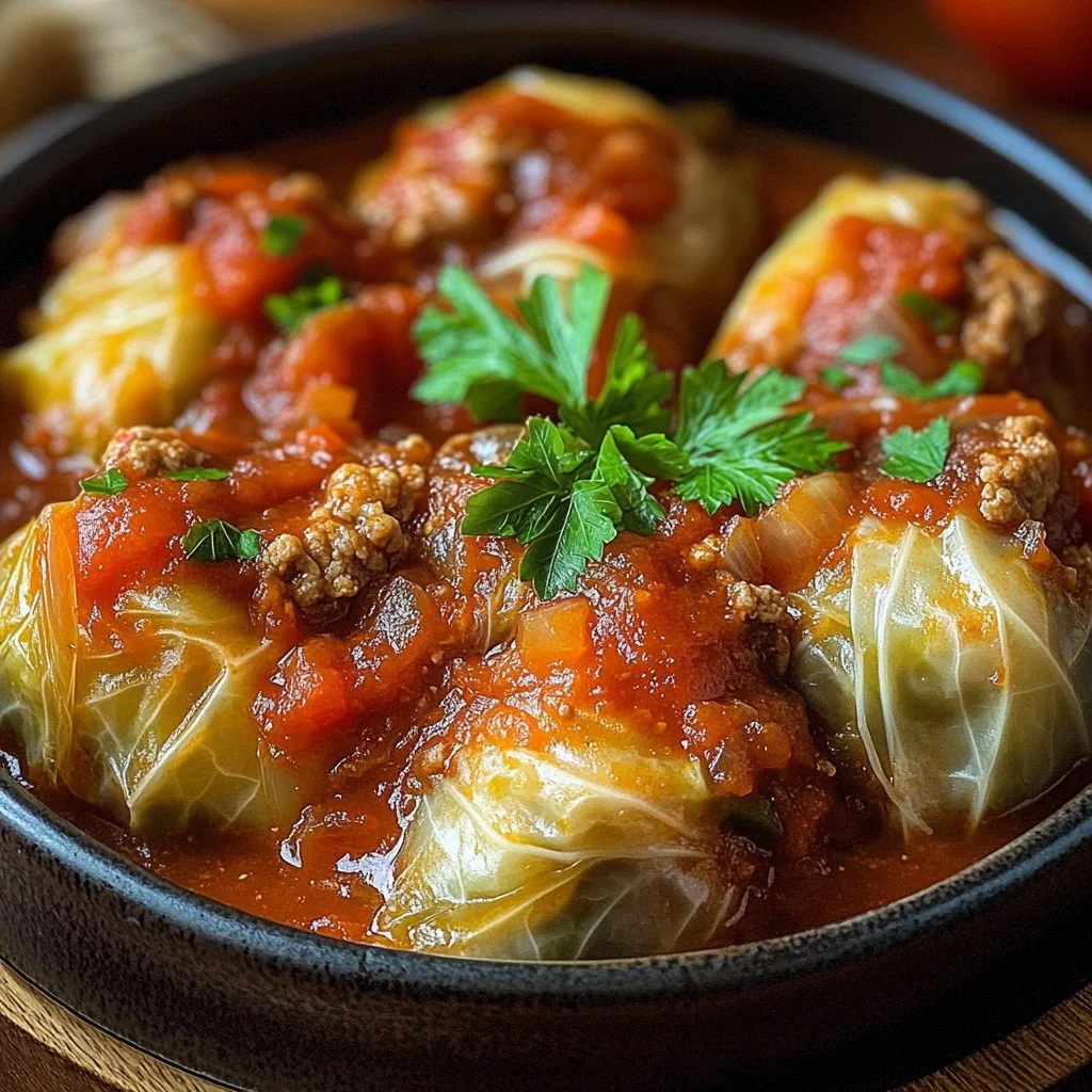 Delicious Slow Cooker Unstuffed Cabbage Rolls served in a bowl with fresh herbs.