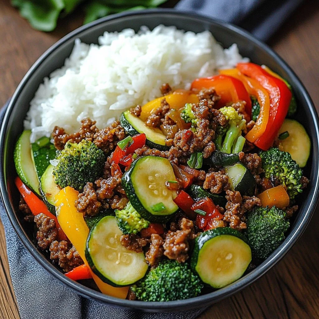 Spicy ground beef stir-fry bowl with colorful vegetables and rice.