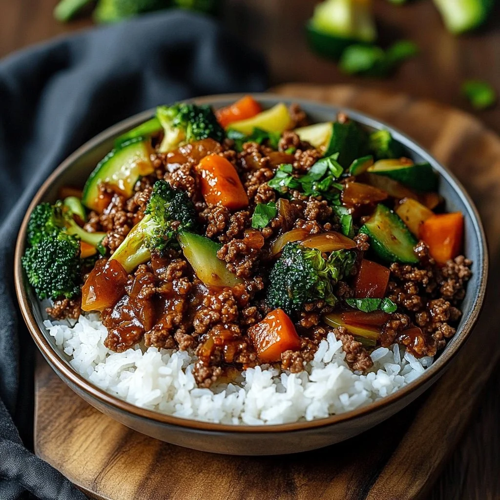 Spicy Ground Beef Stir-Fry Bowl 1 Spicy Ground Beef Stir-Fry Bowl with Garlic Veggies & Steamy Rice