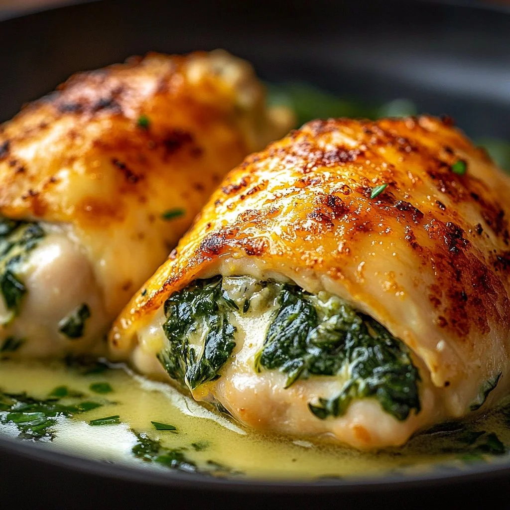 Spinach and cheese stuffed chicken breast ready to be served