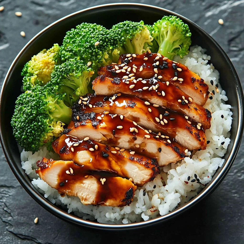 Sticky Chicken Rice Bowls with tender chicken, rice, and fresh vegetables