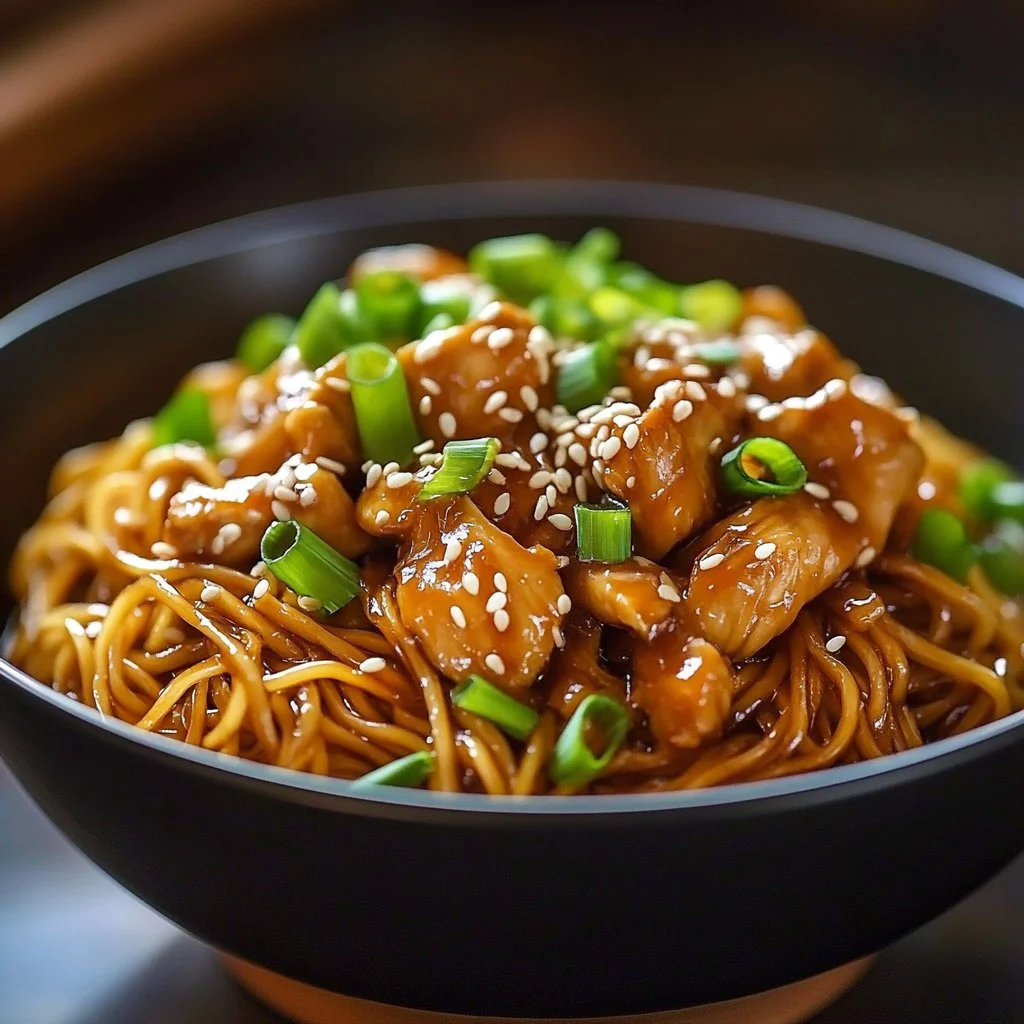 Delicious sticky garlic chicken noodles served in a bowl with fresh herbs.