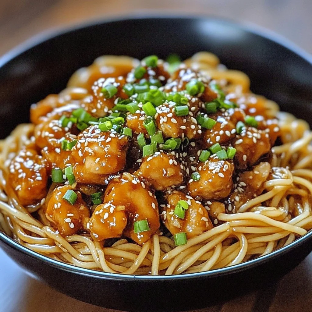 Sticky Garlic Chicken Noodles garnished with herbs in a bowl