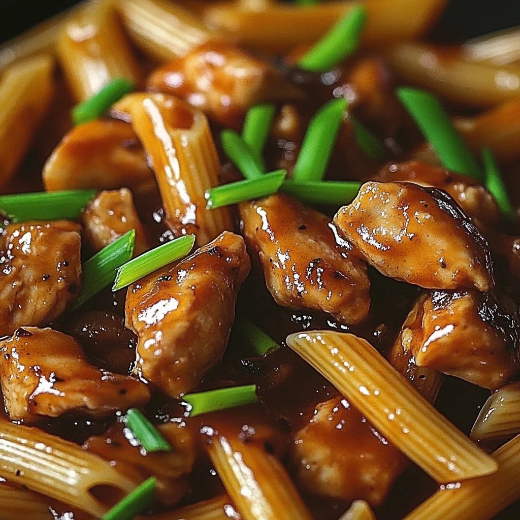 Sticky Honey Garlic Chicken Penne Skillet dish topped with fresh herbs