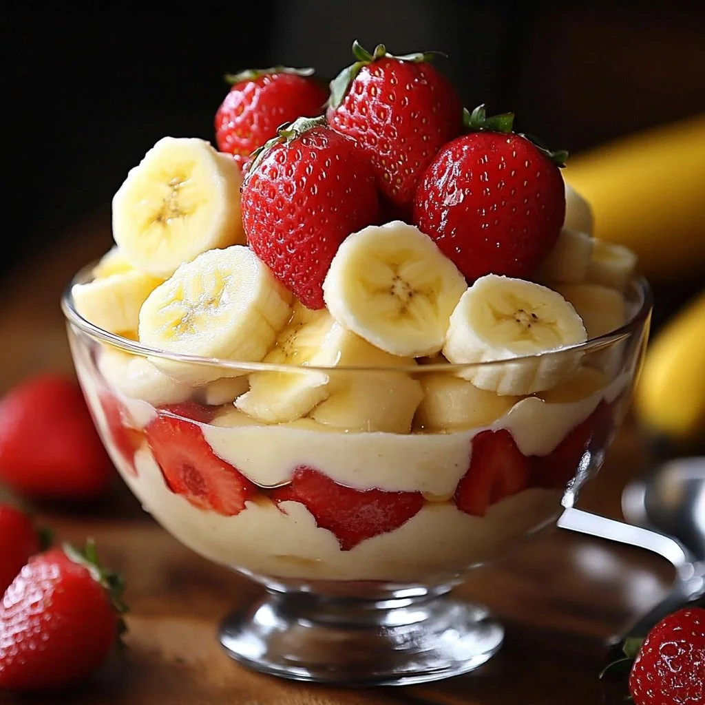 Delicious Strawberry Banana Pudding Dream dessert in a bowl with strawberries and bananas