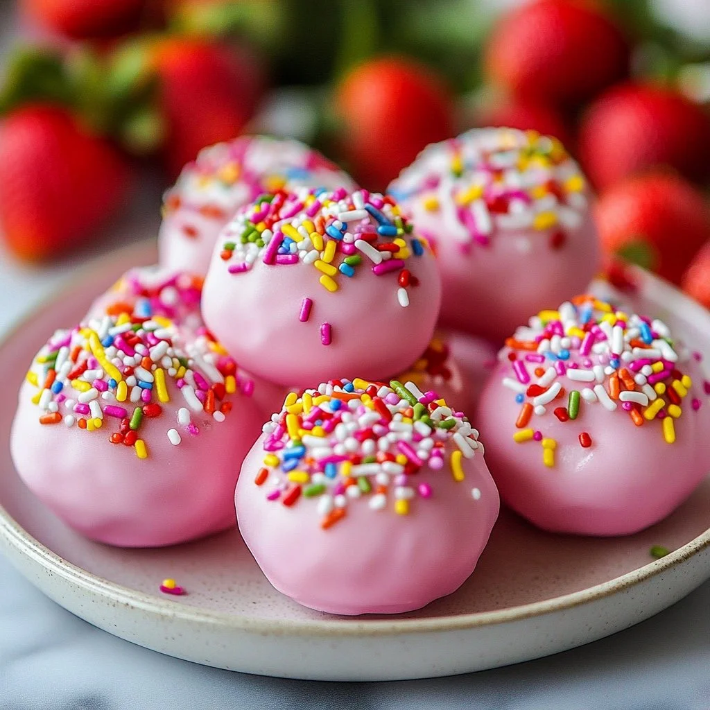 Strawberry cheesecake protein balls on a plate garnished with fresh strawberries.