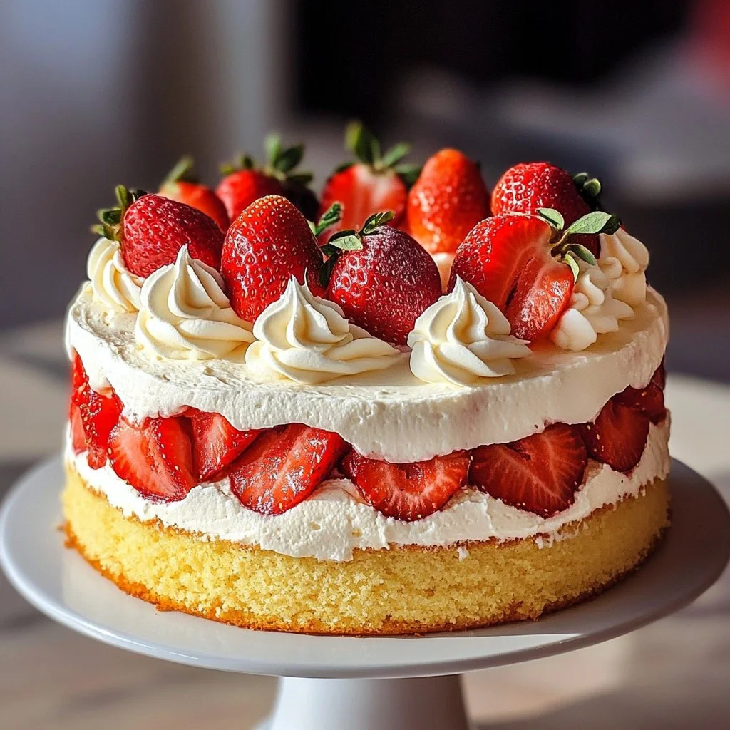 Slice of Strawberry Shortcake Cake with fresh strawberries and whipped cream