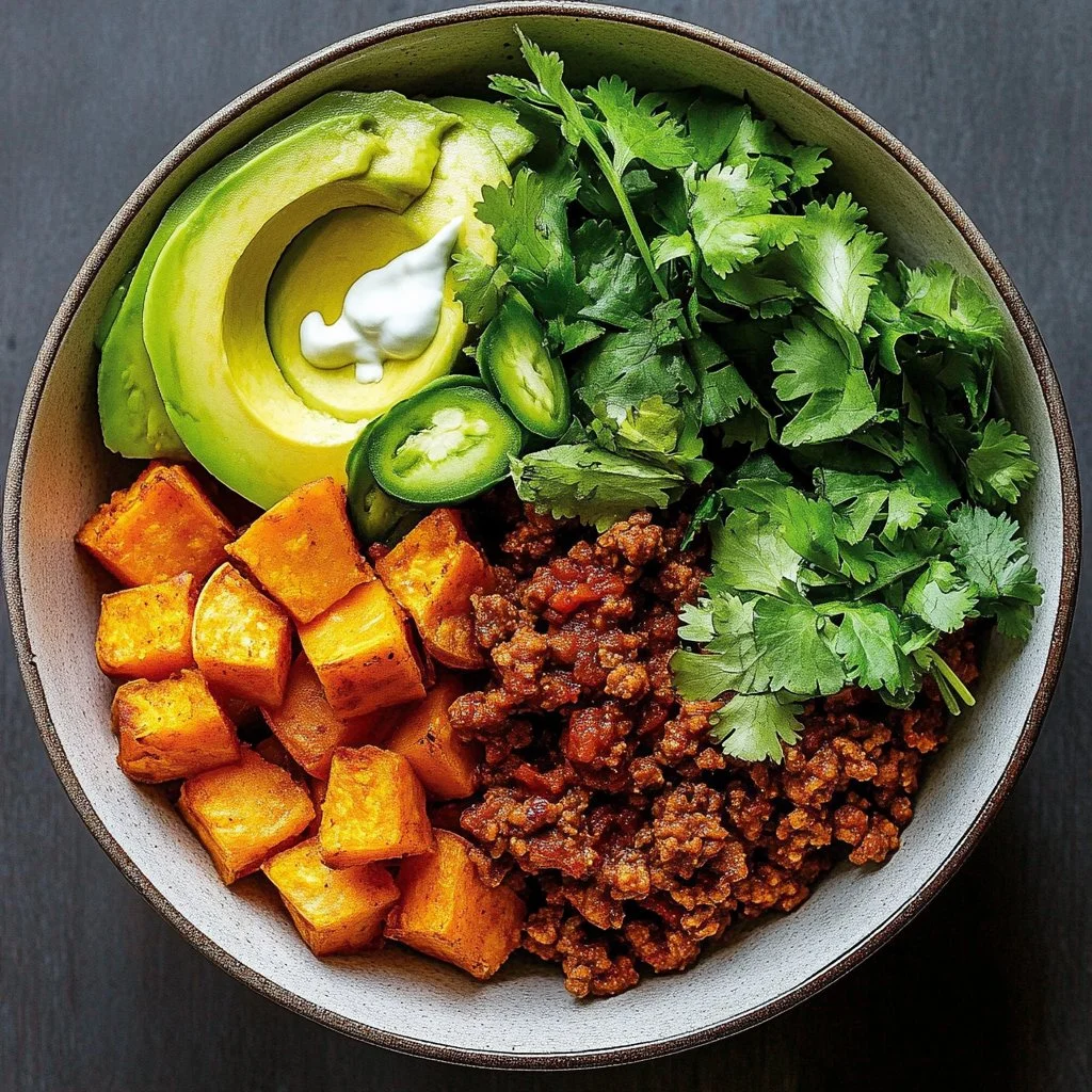 Colorful Sweet Potato Taco Bowl with fresh toppings and ingredients