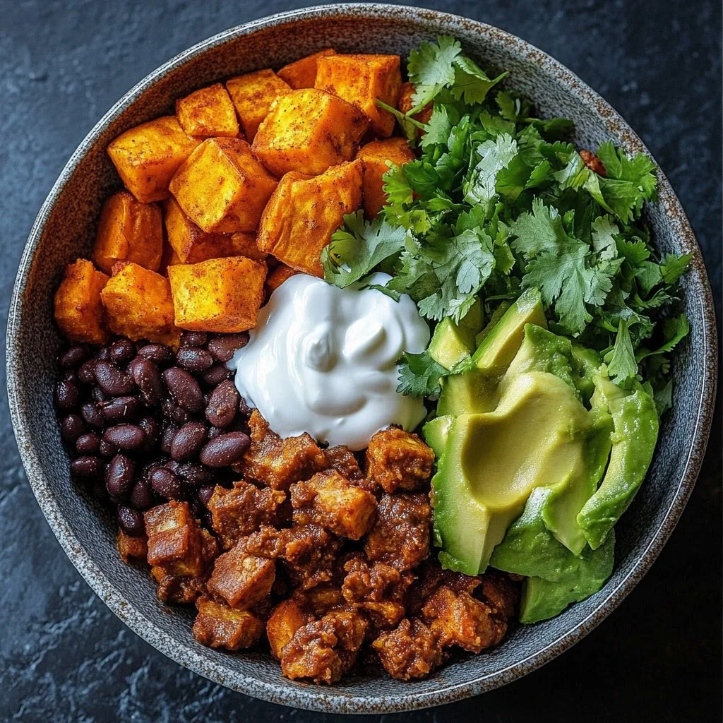 A vibrant sweet potato taco bowl topped with fresh ingredients and garnishes.
