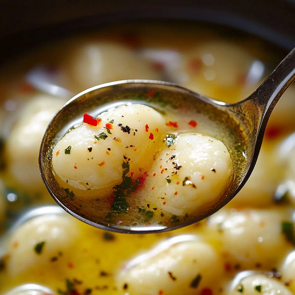 A bowl of Vegan Garlic Chickpea Soup garnished with fresh herbs and garlic.