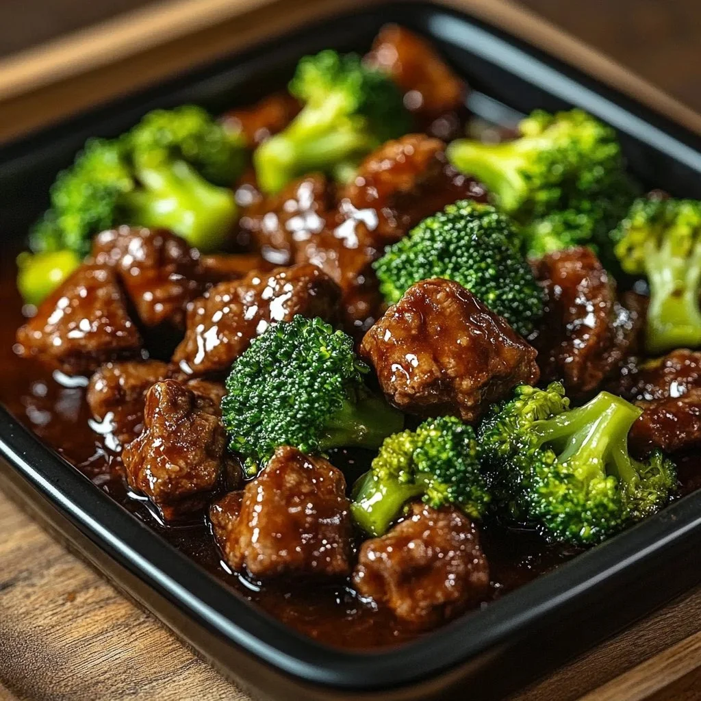 Beef and broccoli stir-fry served in a bowl with vibrant colors and garnishes.