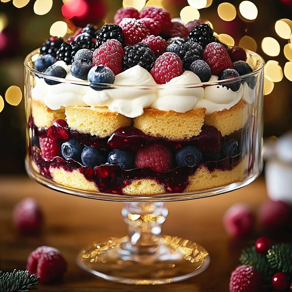 Berry Tiramisu Trifle dessert with fresh berries and creamy layers