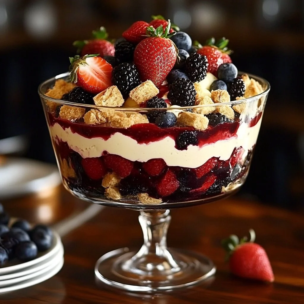 Delicious Berry Trifle layered with fresh berries, custard, and cake.