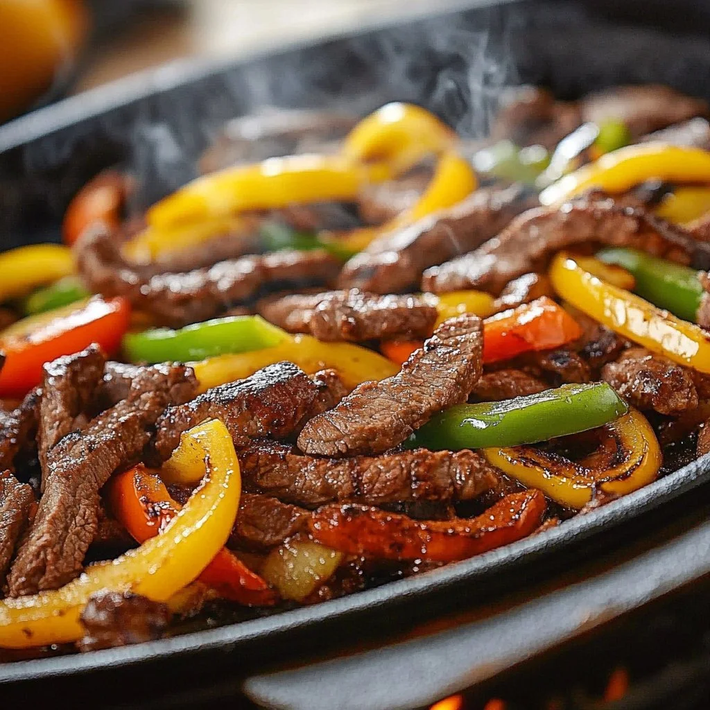 Delicious Blackstone steak fajitas served with colorful bell peppers and onions.