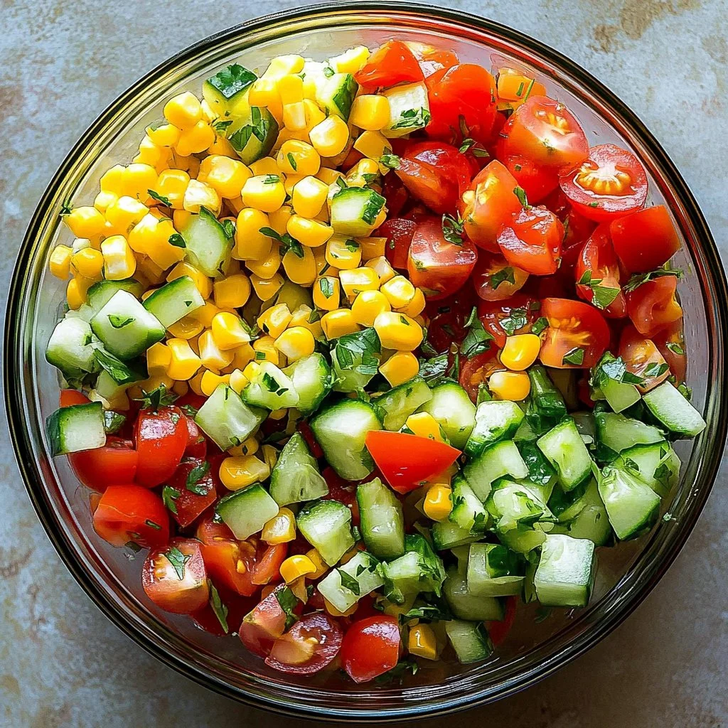 A vibrant bowl of bright corn salad with fresh vegetables and dressing