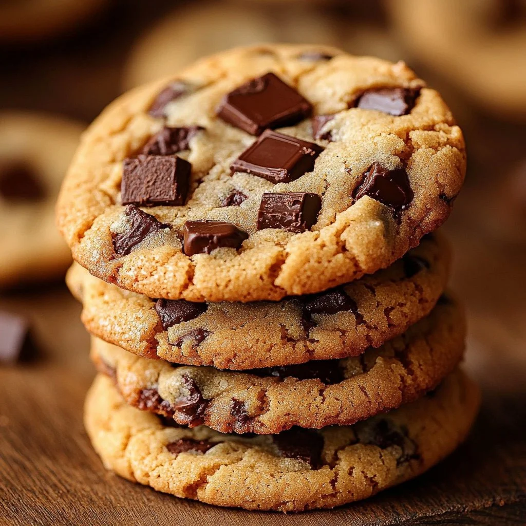 Plate of delicious brown butter chocolate chip cookies with melted chocolate chips