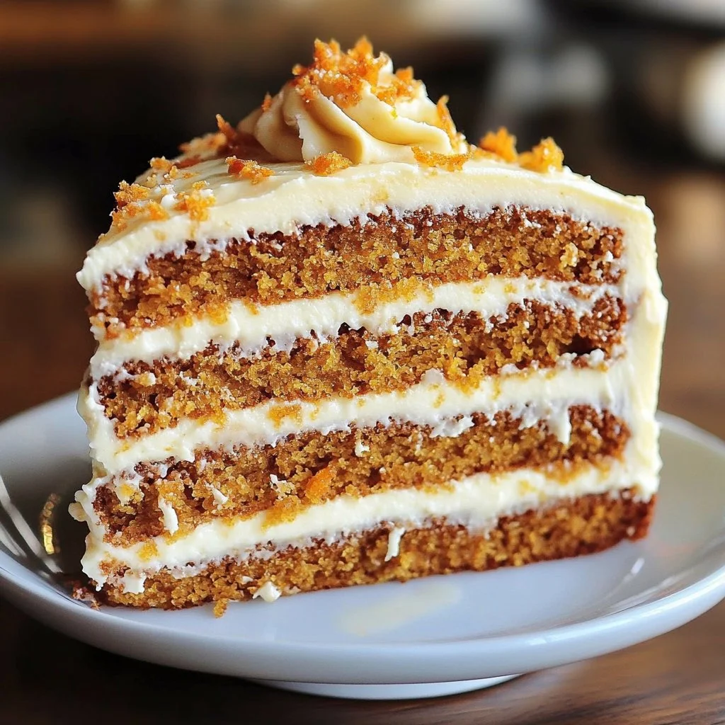 A slice of browned butter carrot cake topped with cream cheese frosting.