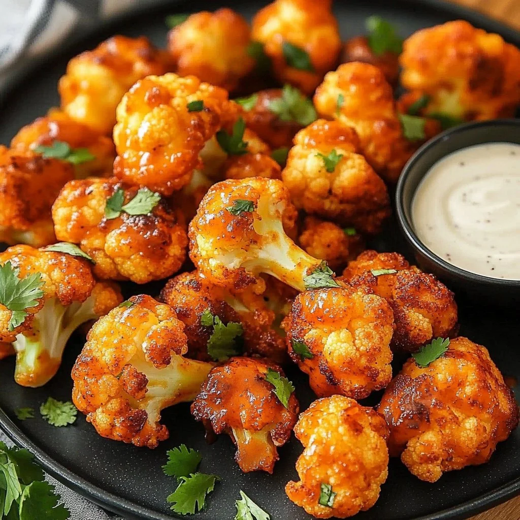 Baked Buffalo Cauliflower served with a tangy dipping sauce