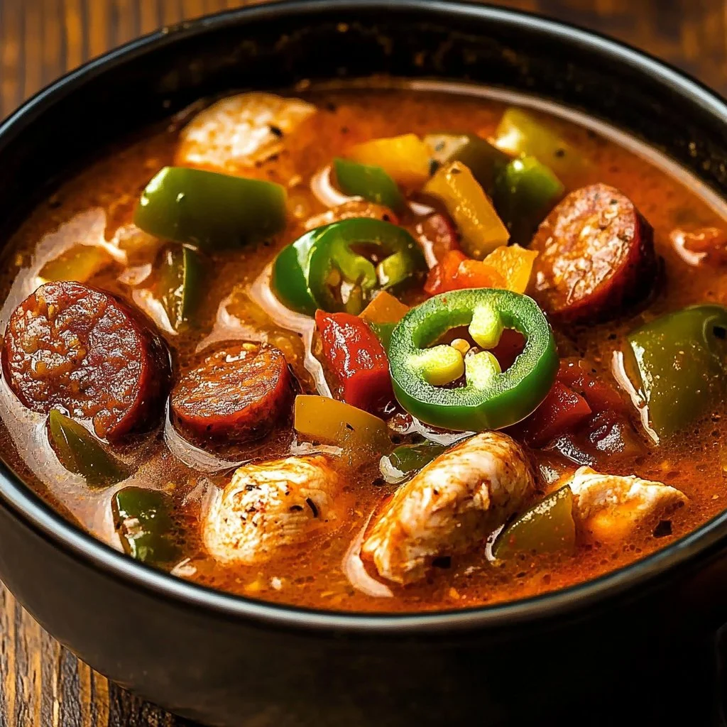 Delicious bowl of Cajun White Chicken Chili topped with herbs and peppers