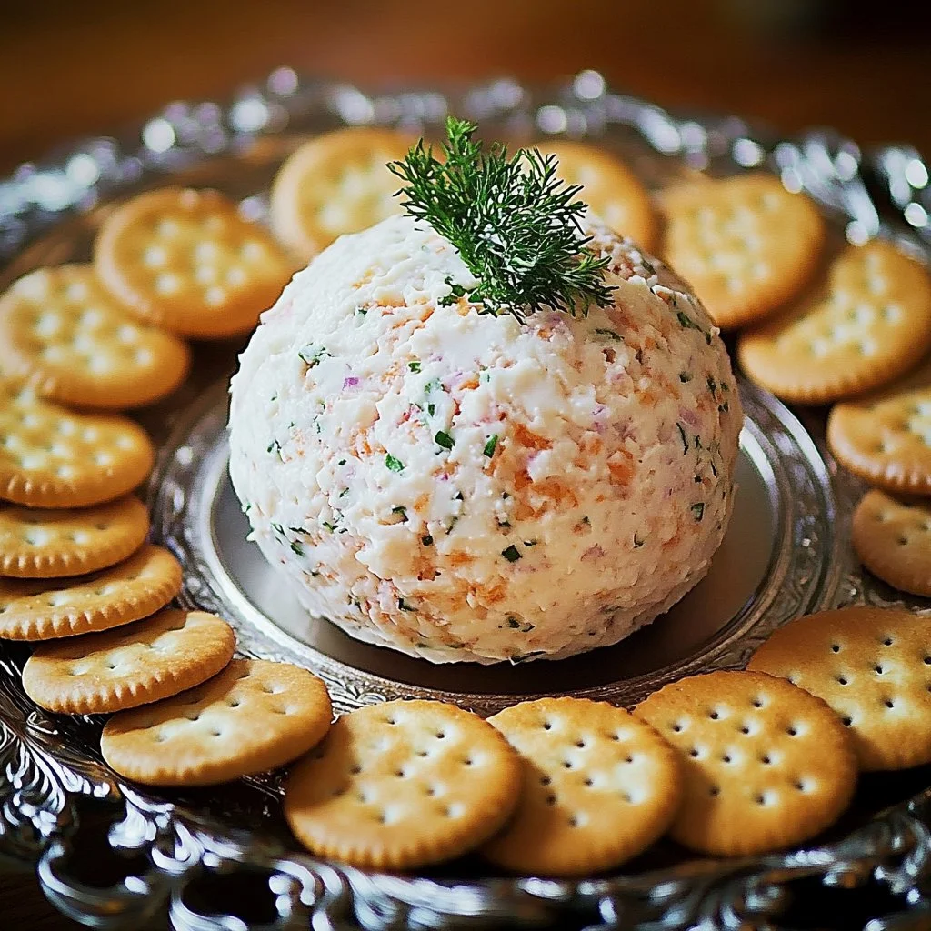 Delicious cheese ball served on a platter next to crackers and vegetables