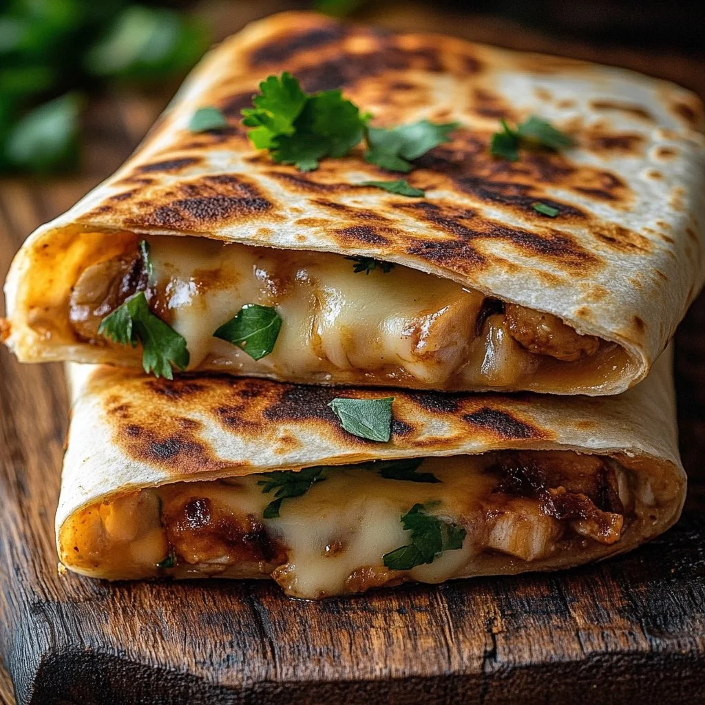 Cheesy garlic chicken wraps filled with grilled chicken and melted cheese
